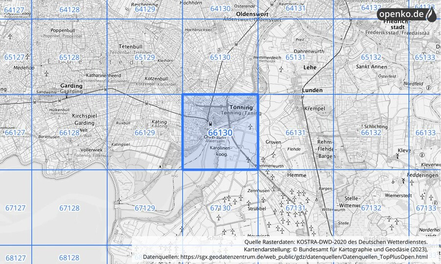 Übersichtskarte des KOSTRA-DWD-2020-Rasterfeldes Nr. 66130