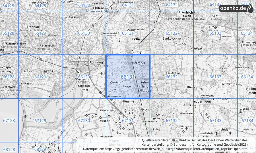 Übersichtskarte des KOSTRA-DWD-2020-Rasterfeldes Nr. 66131