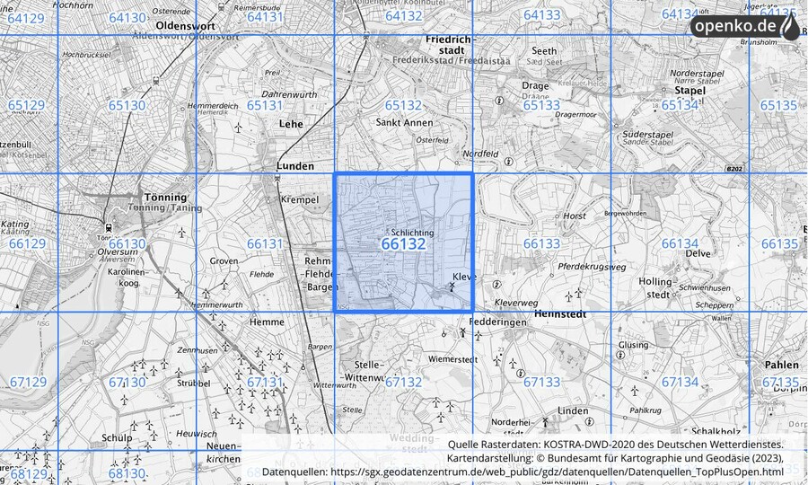 Übersichtskarte des KOSTRA-DWD-2020-Rasterfeldes Nr. 66132