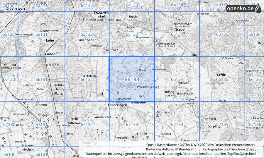 Übersichtskarte des KOSTRA-DWD-2020-Rasterfeldes Nr. 66133