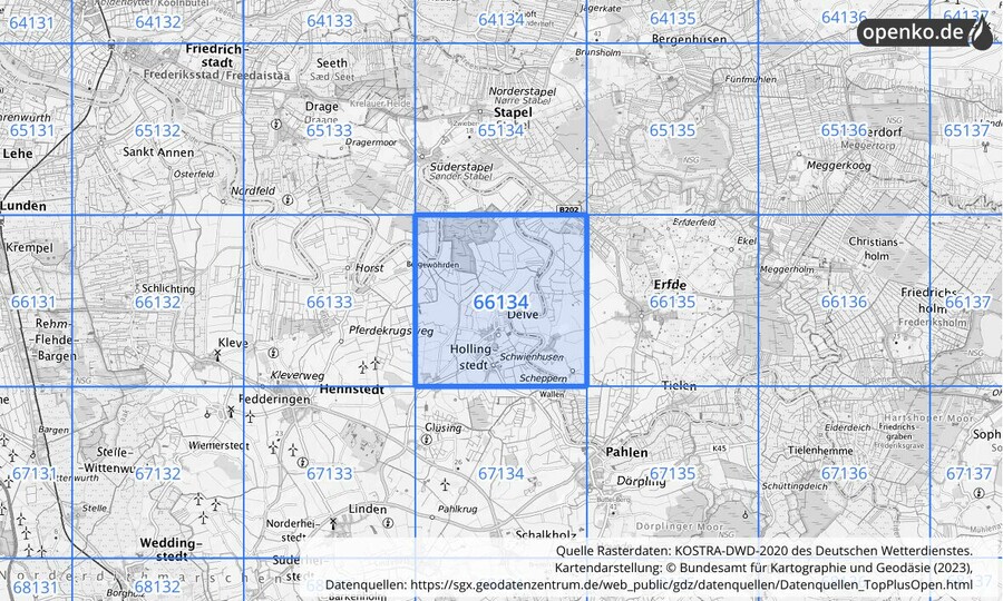 Übersichtskarte des KOSTRA-DWD-2020-Rasterfeldes Nr. 66134