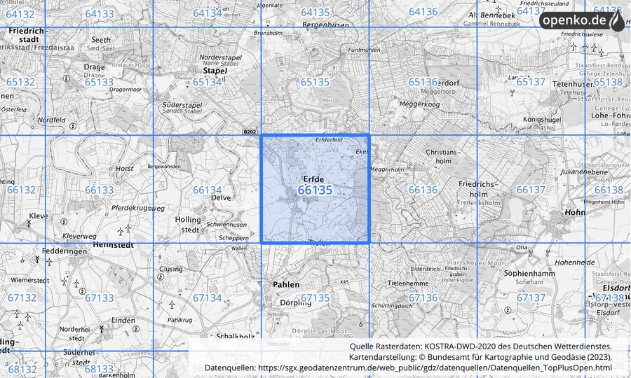 Übersichtskarte des KOSTRA-DWD-2020-Rasterfeldes Nr. 66135