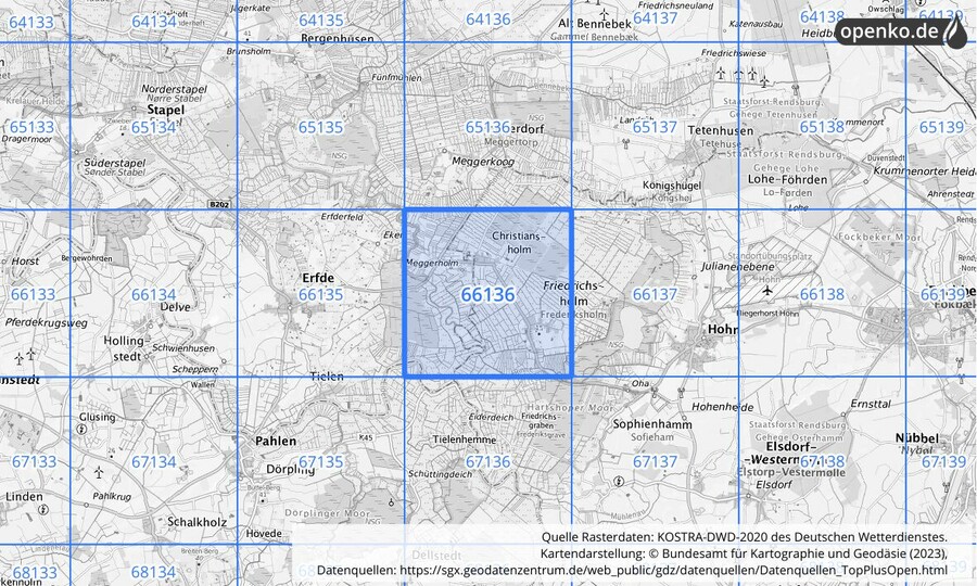 Übersichtskarte des KOSTRA-DWD-2020-Rasterfeldes Nr. 66136