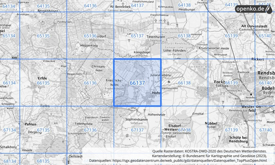 Übersichtskarte des KOSTRA-DWD-2020-Rasterfeldes Nr. 66137