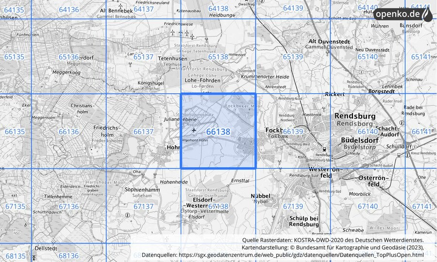 Übersichtskarte des KOSTRA-DWD-2020-Rasterfeldes Nr. 66138