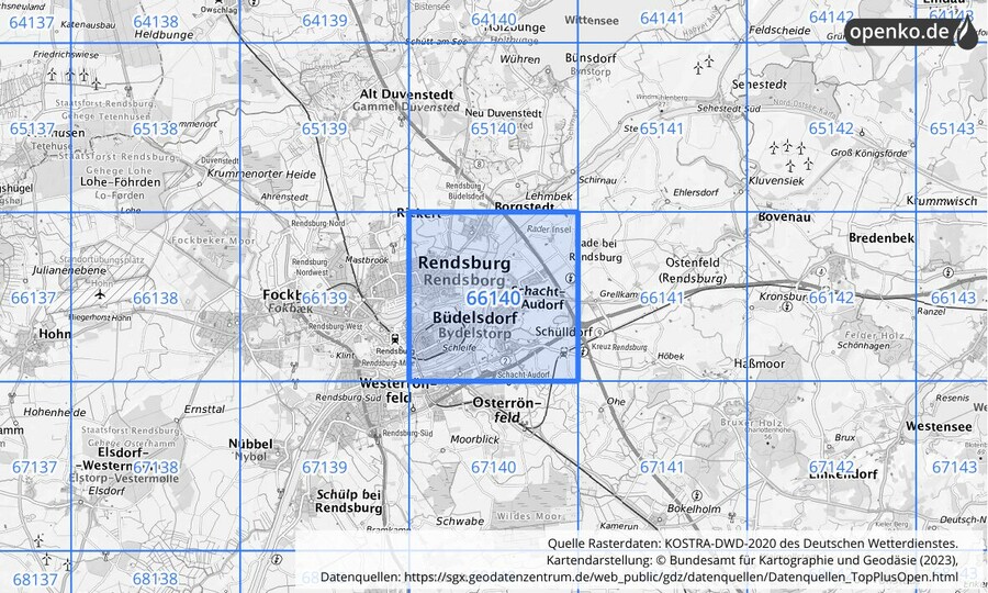 Übersichtskarte des KOSTRA-DWD-2020-Rasterfeldes Nr. 66140