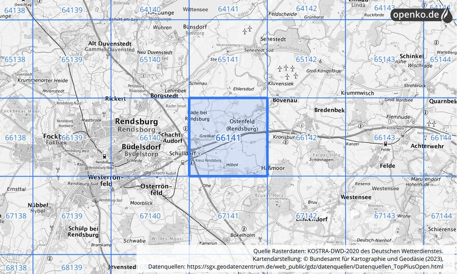 Übersichtskarte des KOSTRA-DWD-2020-Rasterfeldes Nr. 66141