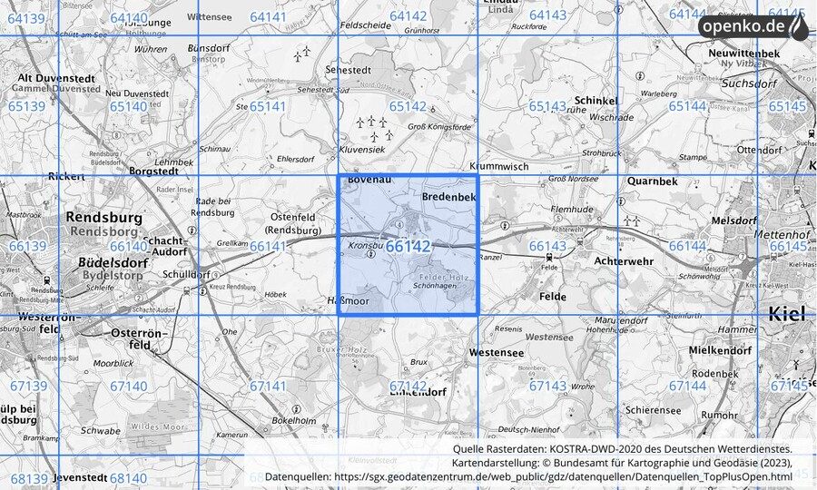 Übersichtskarte des KOSTRA-DWD-2020-Rasterfeldes Nr. 66142