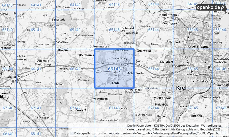 Übersichtskarte des KOSTRA-DWD-2020-Rasterfeldes Nr. 66143