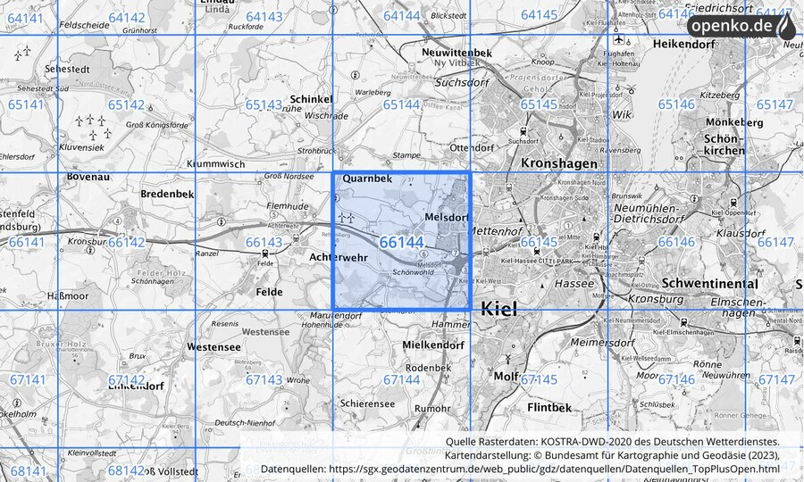 Übersichtskarte des KOSTRA-DWD-2020-Rasterfeldes Nr. 66144