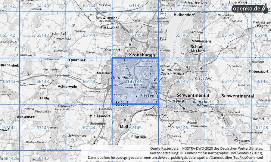 Übersichtskarte des KOSTRA-DWD-2020-Rasterfeldes Nr. 66145