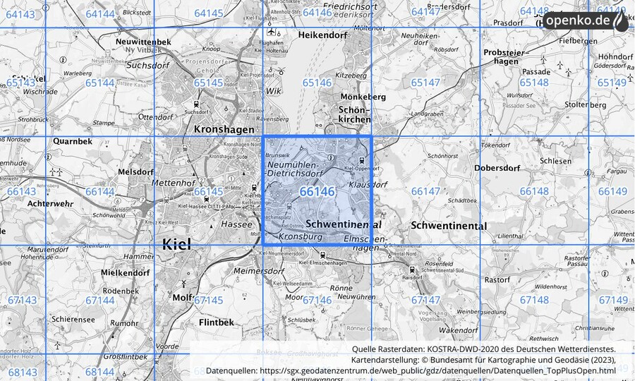 Übersichtskarte des KOSTRA-DWD-2020-Rasterfeldes Nr. 66146