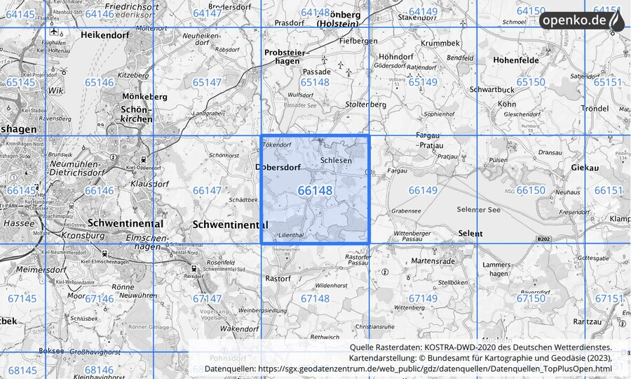 Übersichtskarte des KOSTRA-DWD-2020-Rasterfeldes Nr. 66148