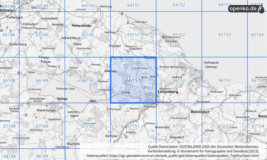 Übersichtskarte des KOSTRA-DWD-2020-Rasterfeldes Nr. 66151