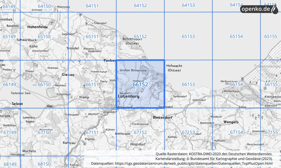 Übersichtskarte des KOSTRA-DWD-2020-Rasterfeldes Nr. 66152