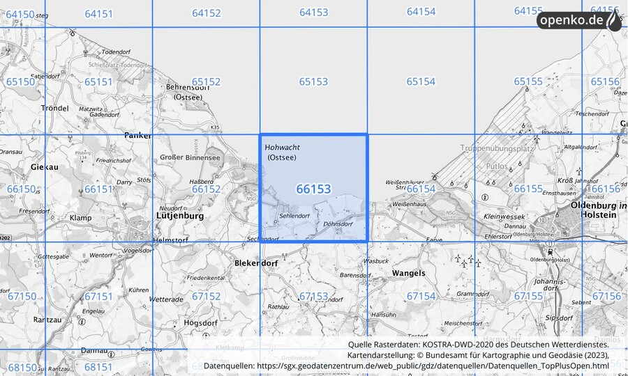 Übersichtskarte des KOSTRA-DWD-2020-Rasterfeldes Nr. 66153