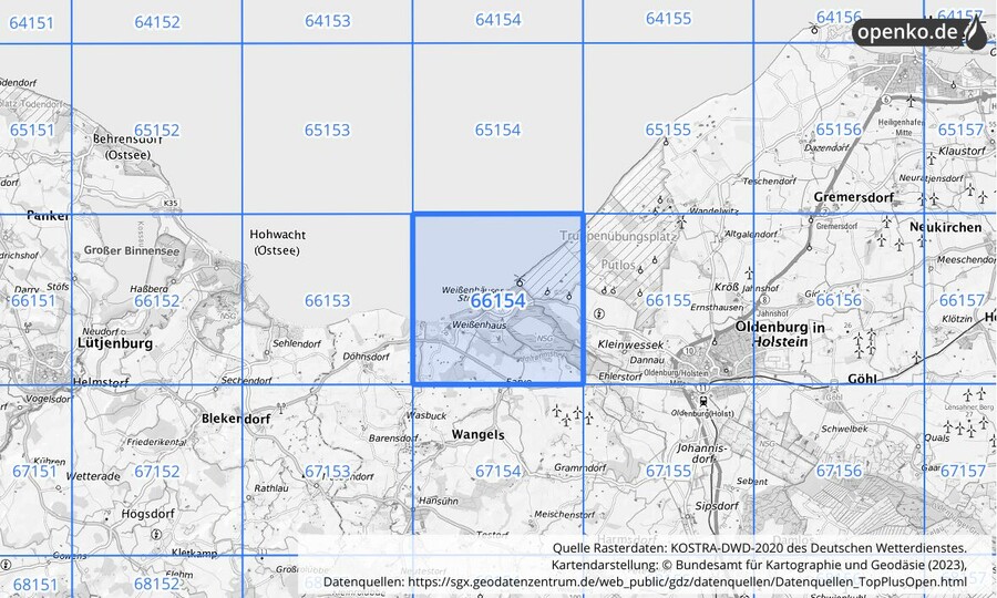 Übersichtskarte des KOSTRA-DWD-2020-Rasterfeldes Nr. 66154