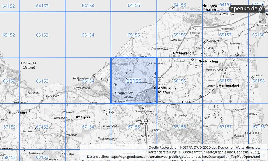 Übersichtskarte des KOSTRA-DWD-2020-Rasterfeldes Nr. 66155