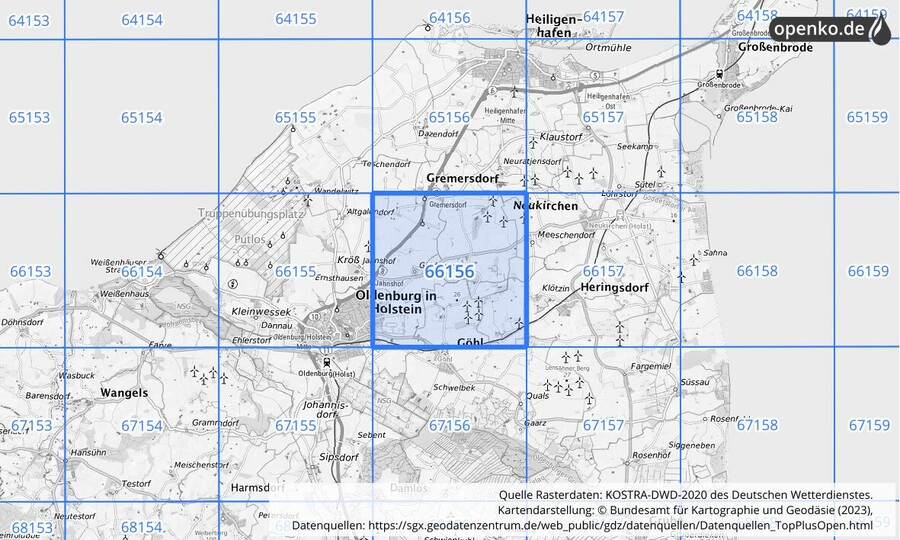 Übersichtskarte des KOSTRA-DWD-2020-Rasterfeldes Nr. 66156