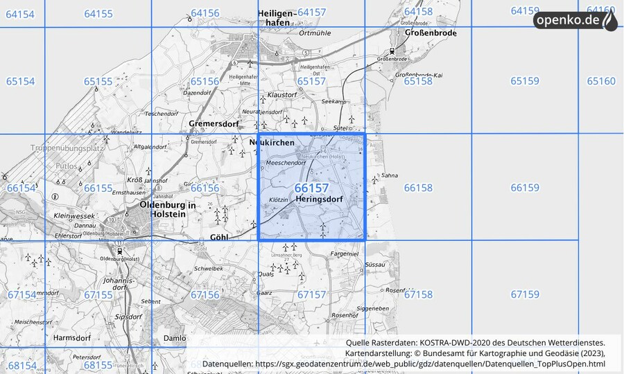 Übersichtskarte des KOSTRA-DWD-2020-Rasterfeldes Nr. 66157