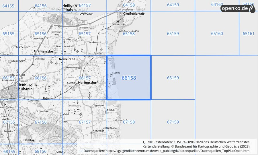 Übersichtskarte des KOSTRA-DWD-2020-Rasterfeldes Nr. 66158