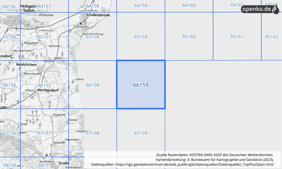 Übersichtskarte des KOSTRA-DWD-2020-Rasterfeldes Nr. 66159