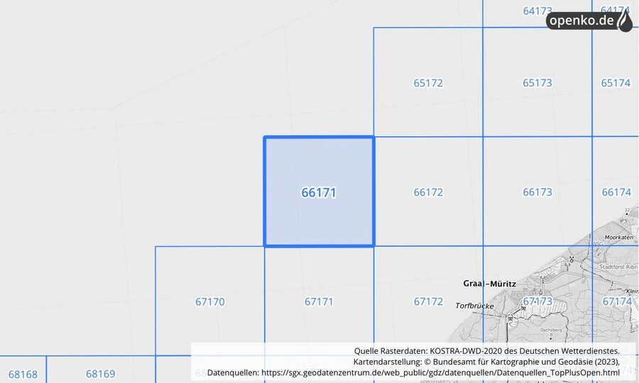 Übersichtskarte des KOSTRA-DWD-2020-Rasterfeldes Nr. 66171