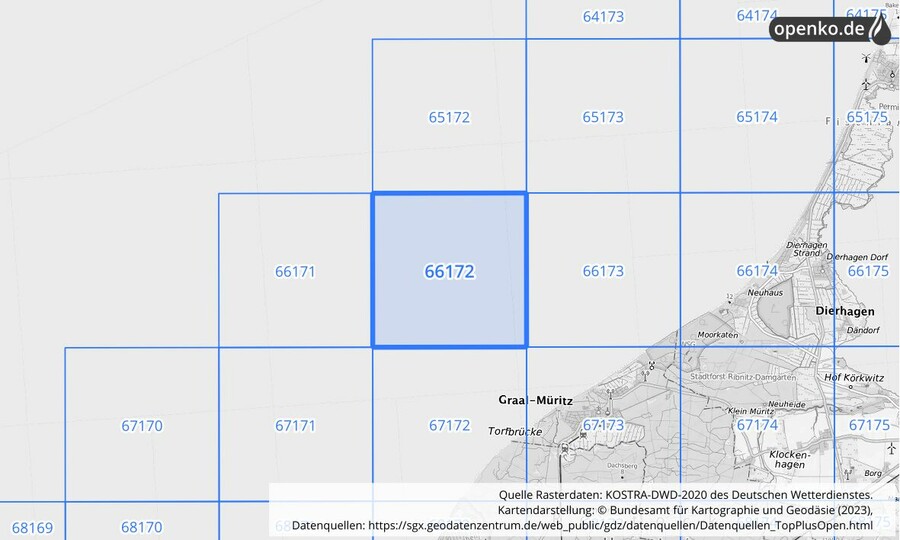 Übersichtskarte des KOSTRA-DWD-2020-Rasterfeldes Nr. 66172