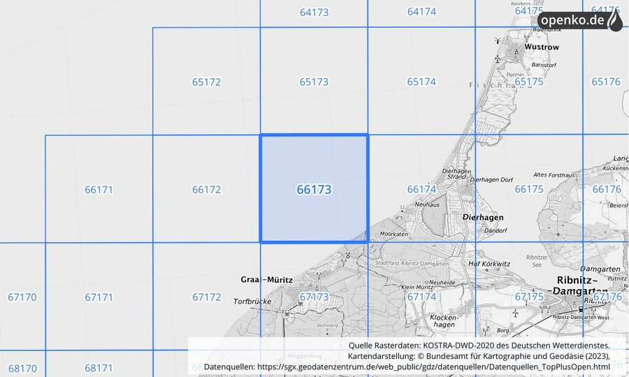 Übersichtskarte des KOSTRA-DWD-2020-Rasterfeldes Nr. 66173