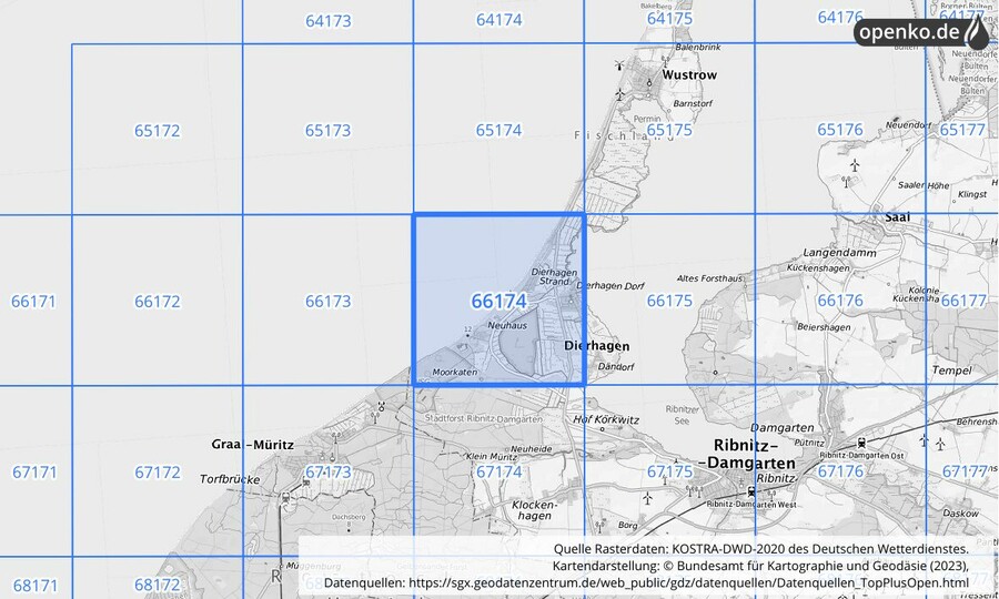 Übersichtskarte des KOSTRA-DWD-2020-Rasterfeldes Nr. 66174