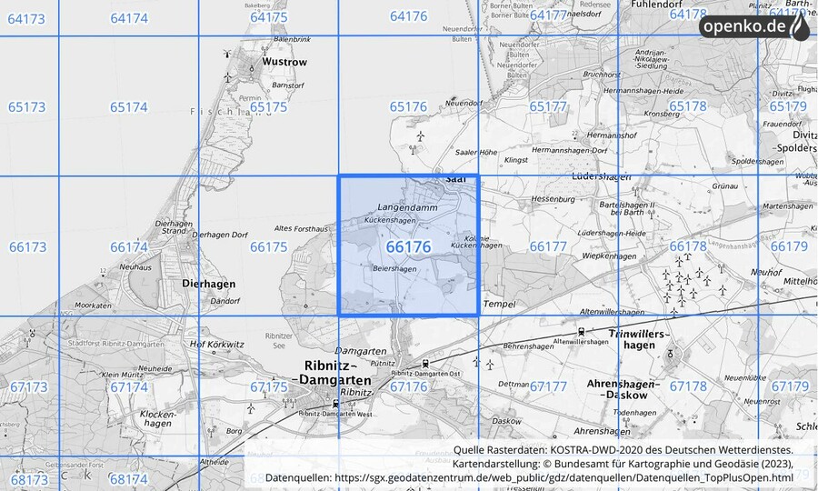 Übersichtskarte des KOSTRA-DWD-2020-Rasterfeldes Nr. 66176