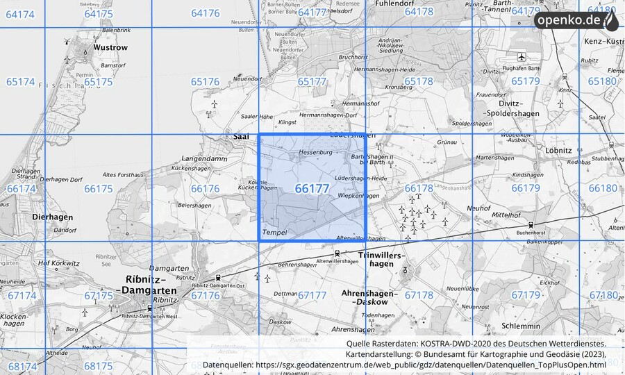 Übersichtskarte des KOSTRA-DWD-2020-Rasterfeldes Nr. 66177