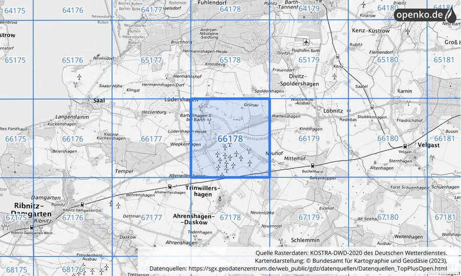 Übersichtskarte des KOSTRA-DWD-2020-Rasterfeldes Nr. 66178