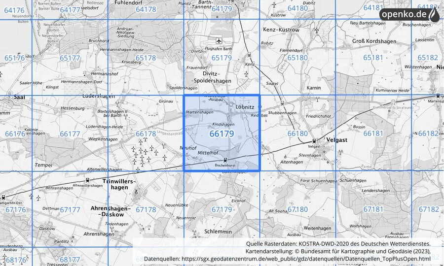 Übersichtskarte des KOSTRA-DWD-2020-Rasterfeldes Nr. 66179