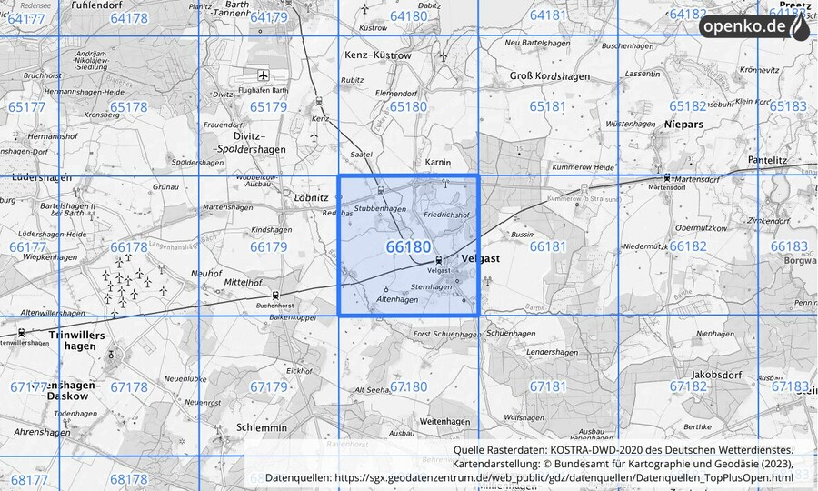 Übersichtskarte des KOSTRA-DWD-2020-Rasterfeldes Nr. 66180