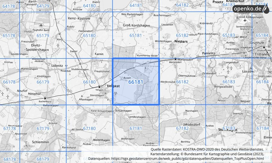 Übersichtskarte des KOSTRA-DWD-2020-Rasterfeldes Nr. 66181