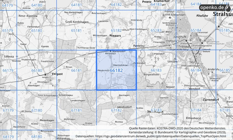 Übersichtskarte des KOSTRA-DWD-2020-Rasterfeldes Nr. 66182
