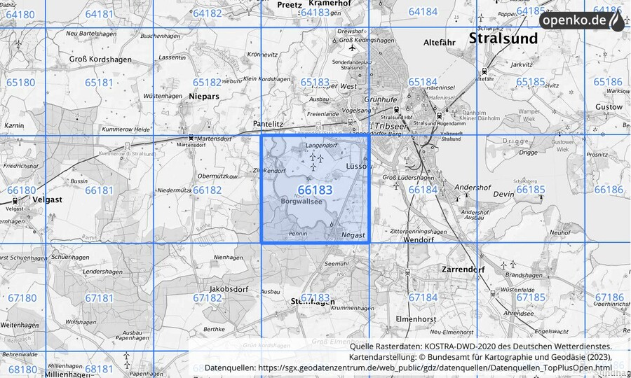 Übersichtskarte des KOSTRA-DWD-2020-Rasterfeldes Nr. 66183