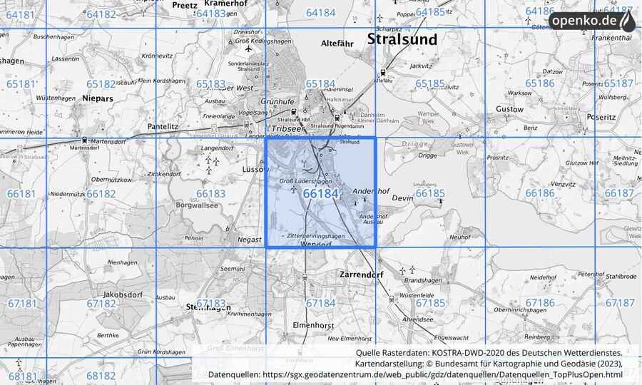 Übersichtskarte des KOSTRA-DWD-2020-Rasterfeldes Nr. 66184