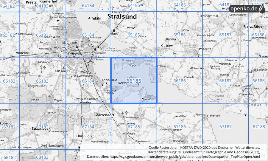 Übersichtskarte des KOSTRA-DWD-2020-Rasterfeldes Nr. 66185