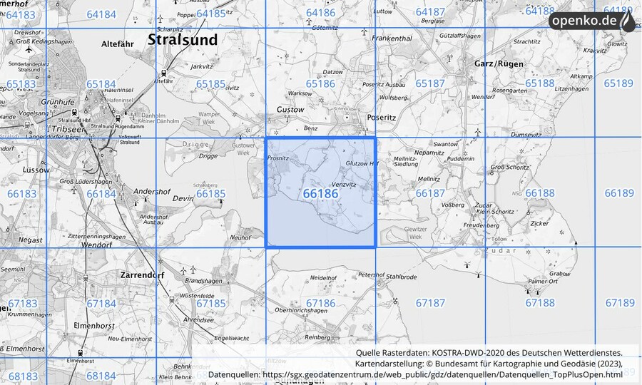 Übersichtskarte des KOSTRA-DWD-2020-Rasterfeldes Nr. 66186