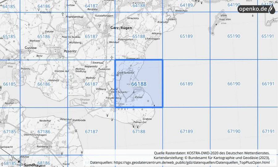 Übersichtskarte des KOSTRA-DWD-2020-Rasterfeldes Nr. 66188