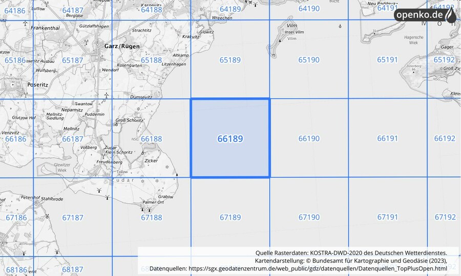 Übersichtskarte des KOSTRA-DWD-2020-Rasterfeldes Nr. 66189