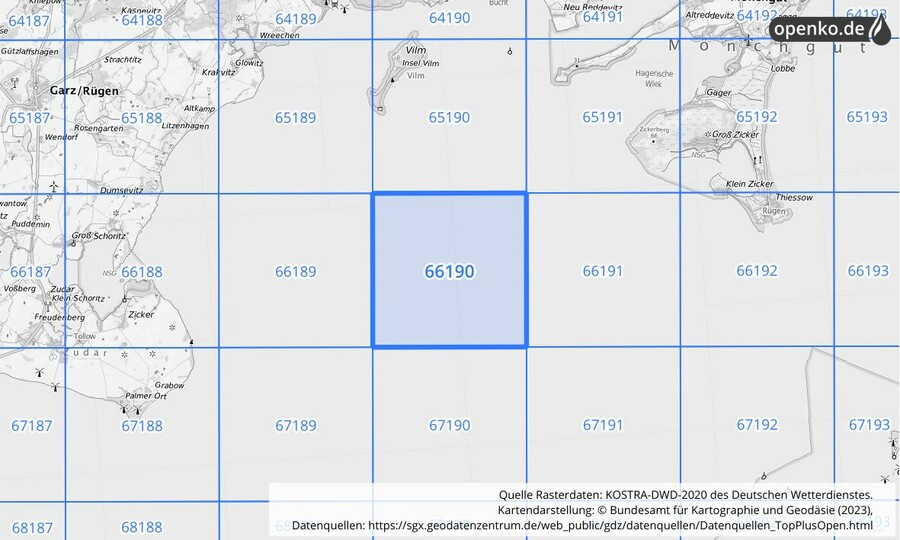 Übersichtskarte des KOSTRA-DWD-2020-Rasterfeldes Nr. 66190