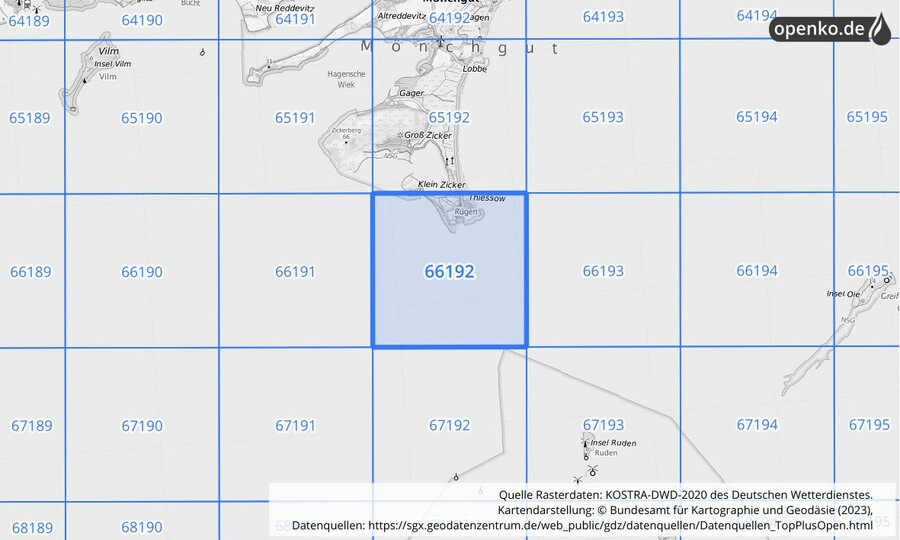 Übersichtskarte des KOSTRA-DWD-2020-Rasterfeldes Nr. 66192