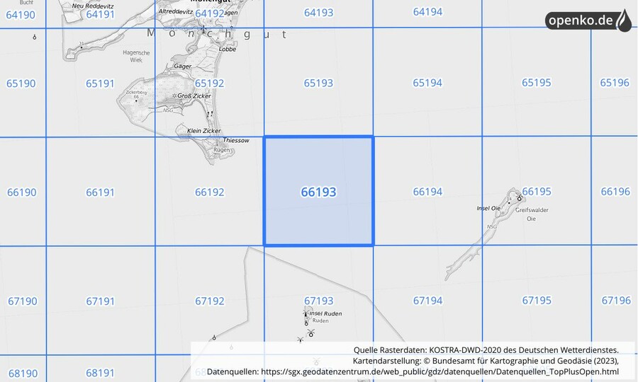 Übersichtskarte des KOSTRA-DWD-2020-Rasterfeldes Nr. 66193