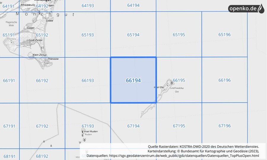 Übersichtskarte des KOSTRA-DWD-2020-Rasterfeldes Nr. 66194