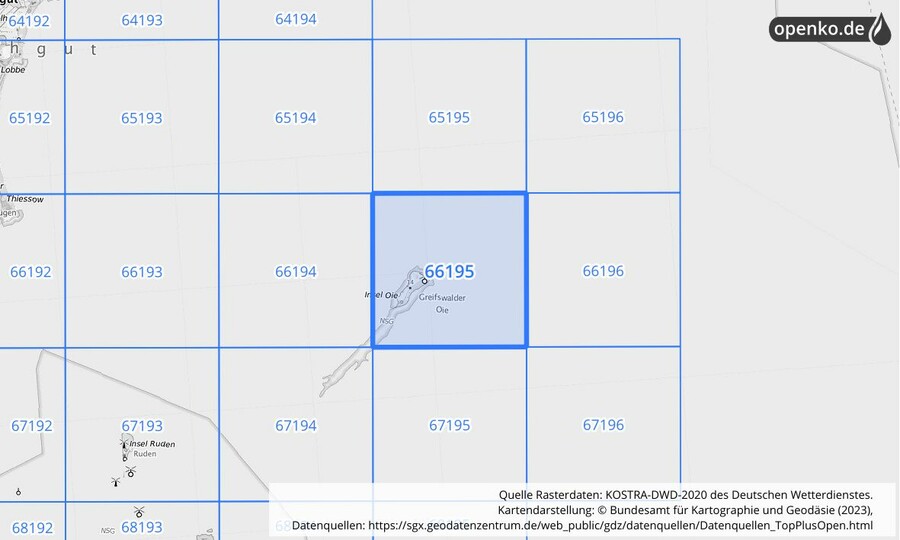 Übersichtskarte des KOSTRA-DWD-2020-Rasterfeldes Nr. 66195