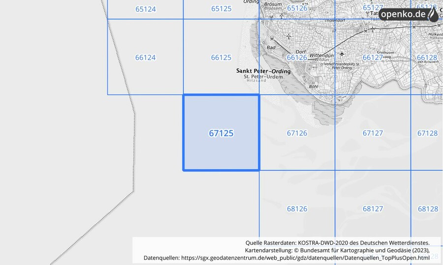 Übersichtskarte des KOSTRA-DWD-2020-Rasterfeldes Nr. 67125