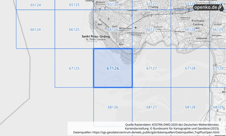 Übersichtskarte des KOSTRA-DWD-2020-Rasterfeldes Nr. 67126